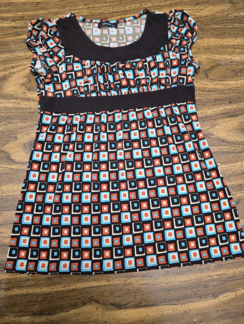 Speechless Girls Geometric Square Print Top in Brown, Turquoise & Orange